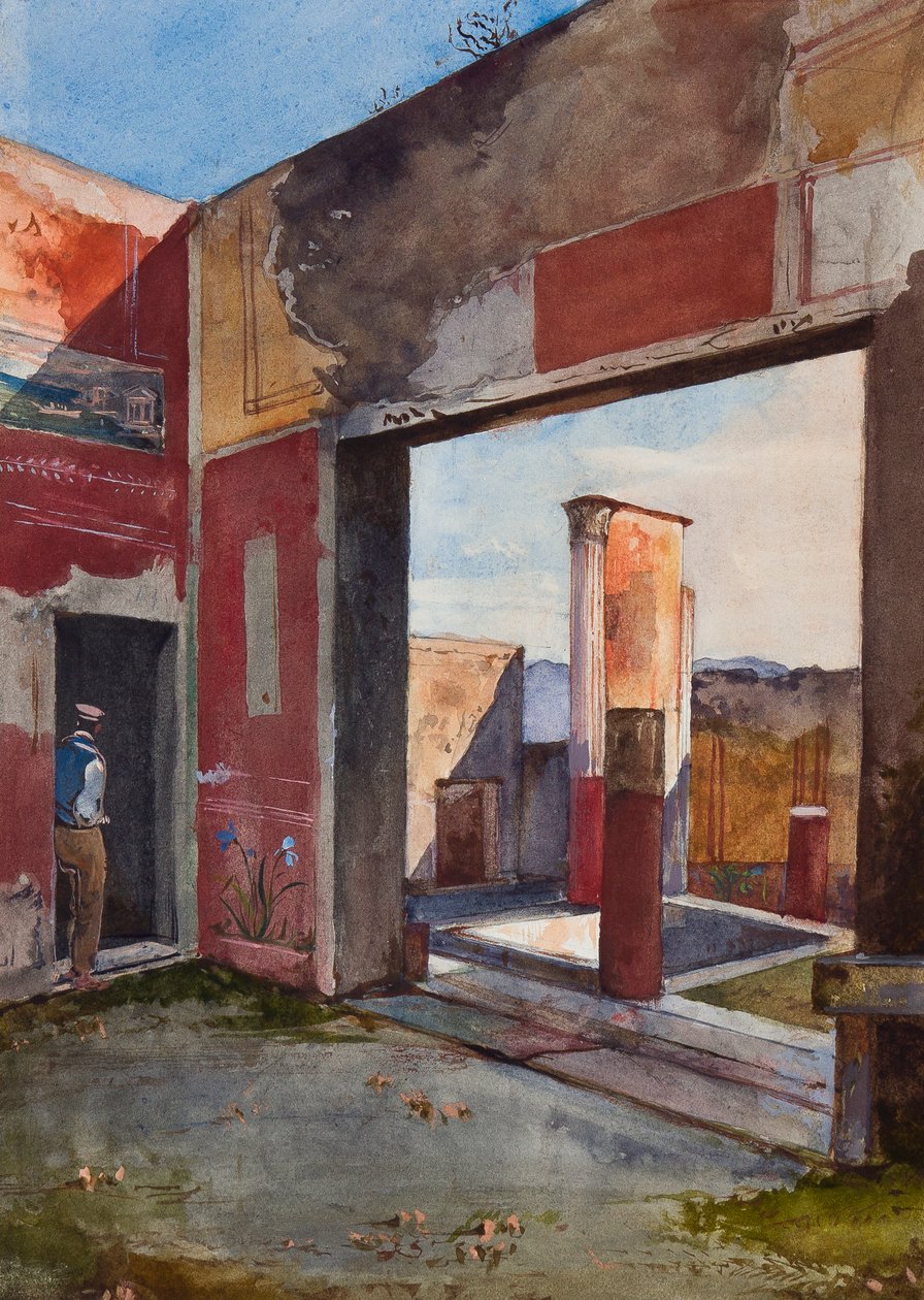 Huset Castor og Pollux i Pompeji med en officiel guide, med tilføjelser af en Borbone pupil (blyant, wc og gouache på papir) af Giacinto Gigante