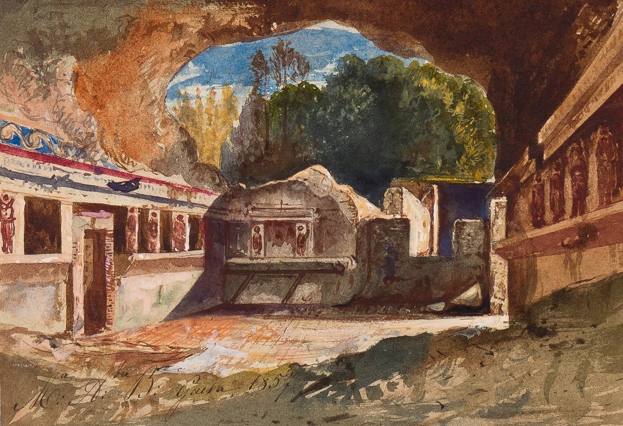 Tepidarium, Pompeji, med tilføjelser af prinsesse Maria Annunziata di Borbone (1843-1871), 1857 (blyant, wc og gouache på papir) af Giacinto Gigante