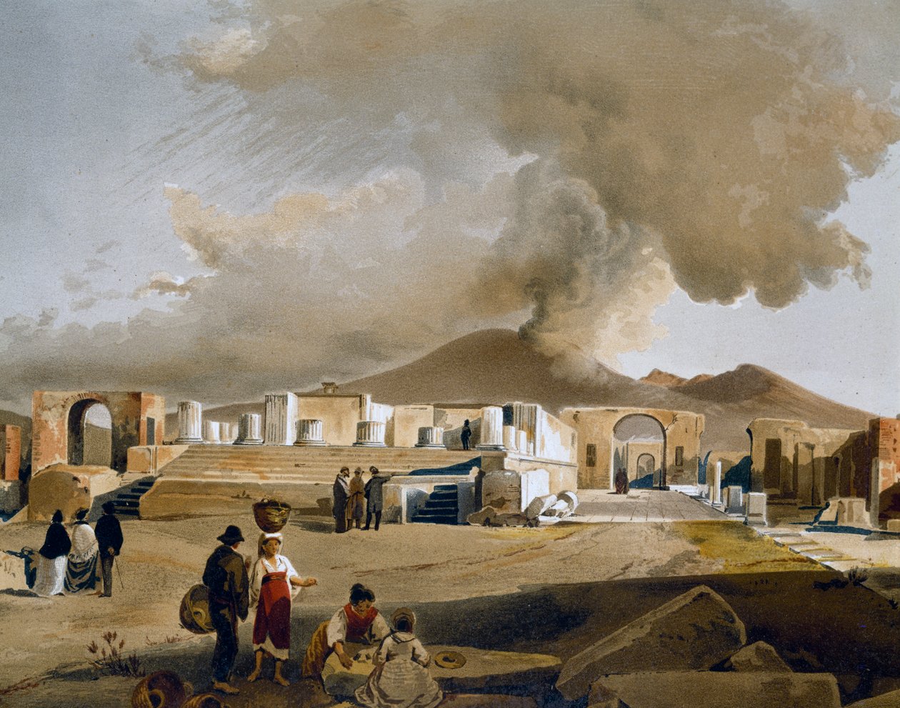 Udsigt over Forum og Jupitertemplet i Pompeji, illustration af Giacinto Gigante (1806-1876) fra Pompejis huse og monumenter, af Fausto og Felice Niccolini af Giacinto Gigante
