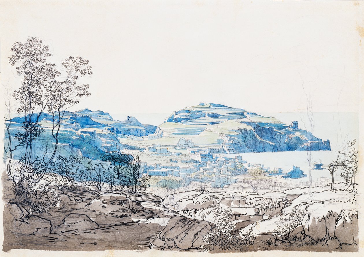 Udsigt over Ischia (Lacco Ameno), ca. 1845 (blyant, pen og akvarel) af Giacinto Gigante