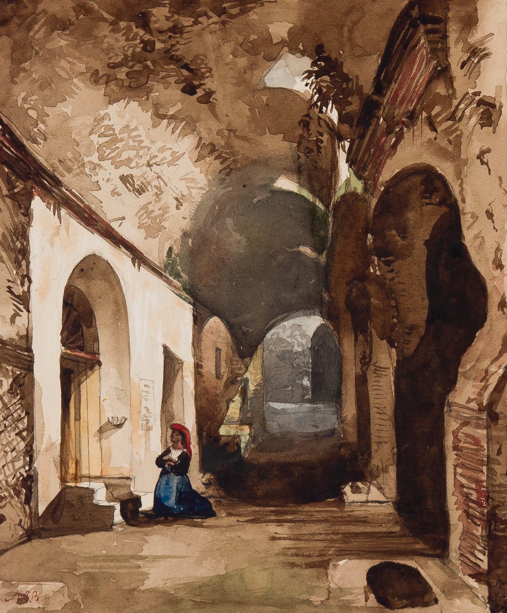 Kvinde, der beder ved hvælvet helligdom i amfiteatret i Pozzuoli, med tilføjelser af prinsesse Maria Annunziata di Borbone (1843-1871) (blyant, wc og gouache på papir) af Giacinto Gigante
