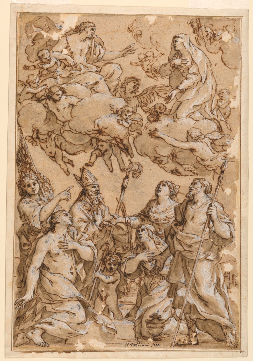 Tegning, Kristus og Jomfruen med skytshelgener fra Pistoia, 1638 af Giacinto Gimignani