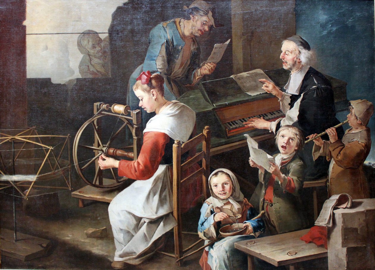 Indenlandsk scene med musikere og en spinner af Giacomo Francesco Cipper