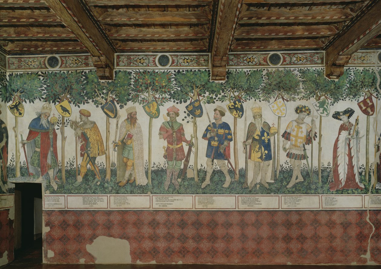 De ni værdige og de ni værdige kvinder, detalje af Julius Cæsar, Joshua, kong David, Judas Maccabeus, kong Arthur, Karl den Store, Godfrey de Bouillon og Delphine, 1418-30 af Giacomo Jaquerio