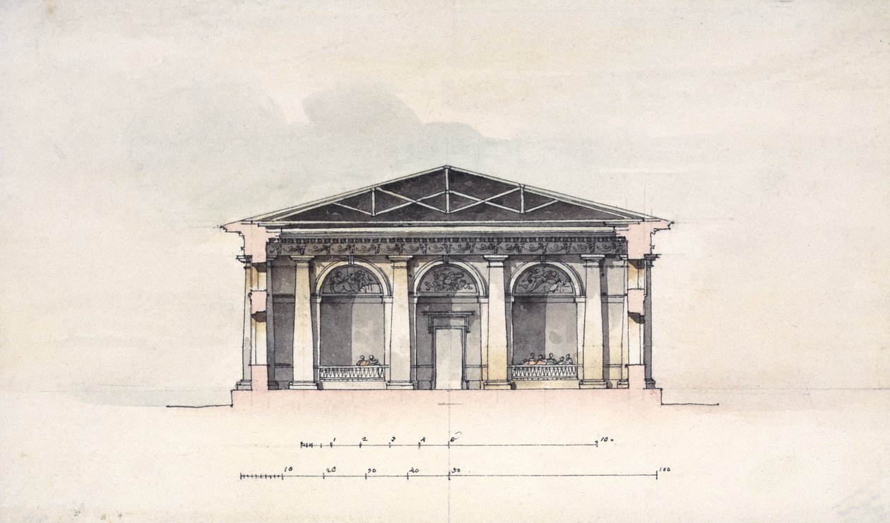 Tværsnitsbillede af ridestalden i Tsarskoye Selo, 1792 (pen og blæk og wc på papir) af Giacomo Antonio Domenico Quarenghi