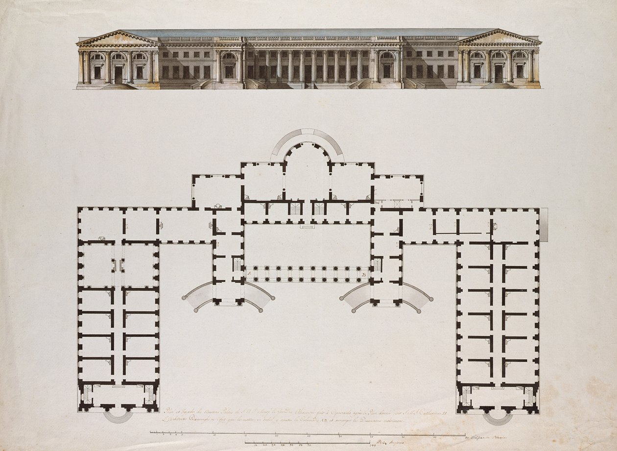 Nordlig facade og grundplan af Alexanderpaladset i Tsarkoe Selo, ca. 1780