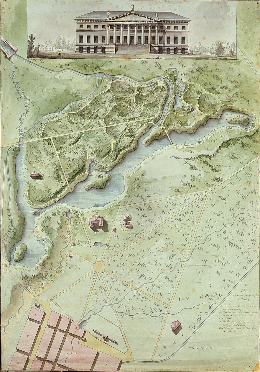 Peterhof, Rusland: Højde af det engelske palads og plan for parken (pen og gråt blæk og wc på papir) af Giacomo Antonio Domenico Quarenghi