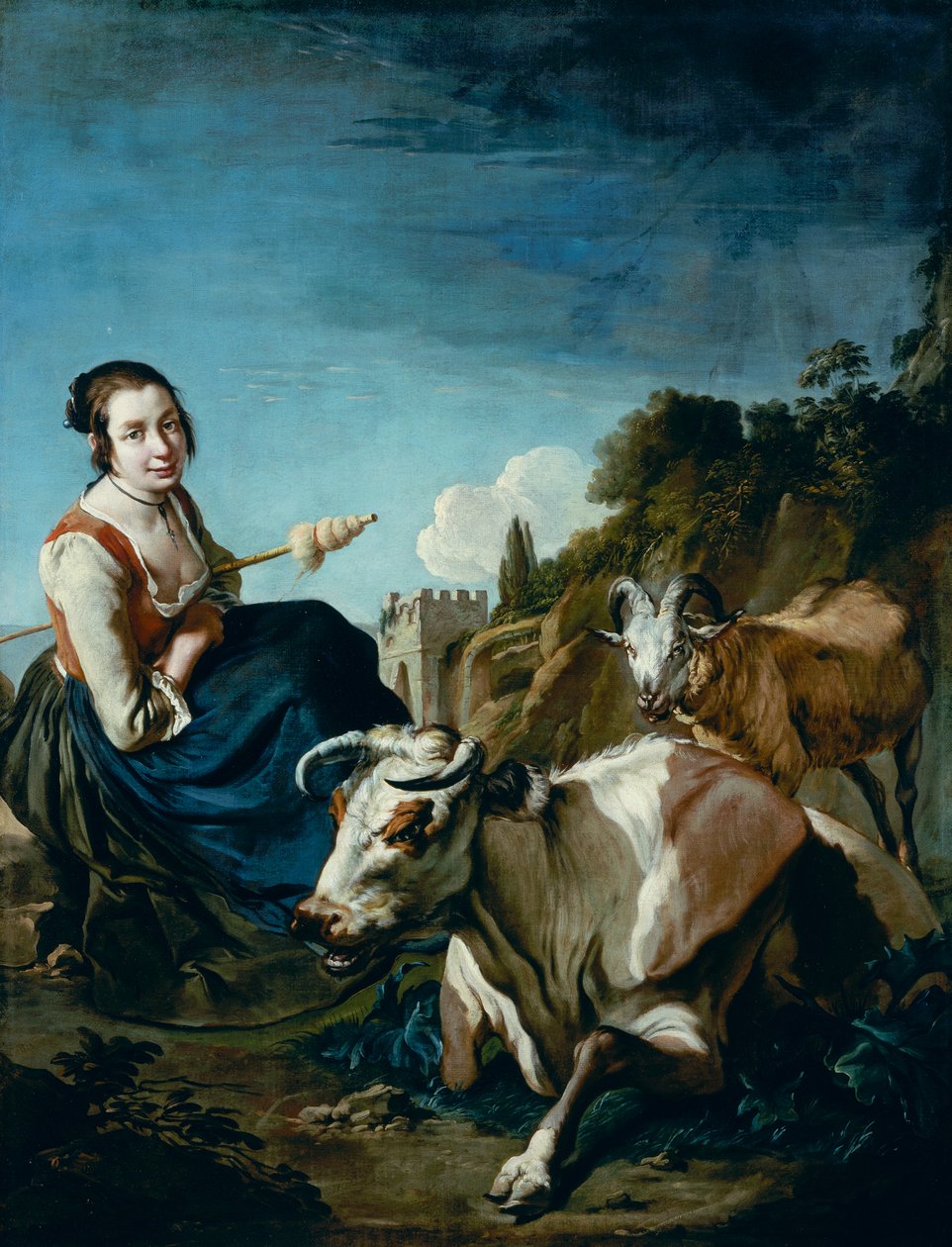 En pige med en ko og får i et klippelandskab, ca. 1700 (olie på lærred) af Giacomo Ceruti