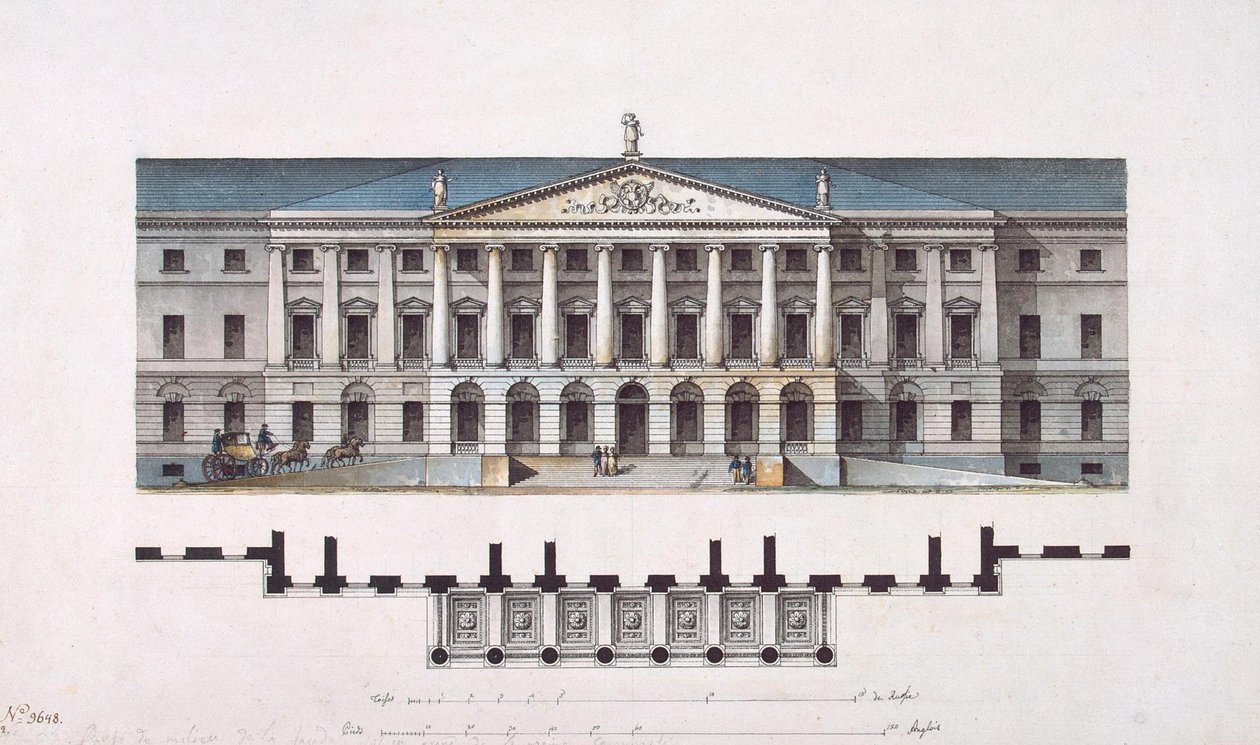 Projekt af Smolny Institute. Hovedfacaden og stueplan, 1806-1808 af Giacomo Antonio Domenico Quarenghi