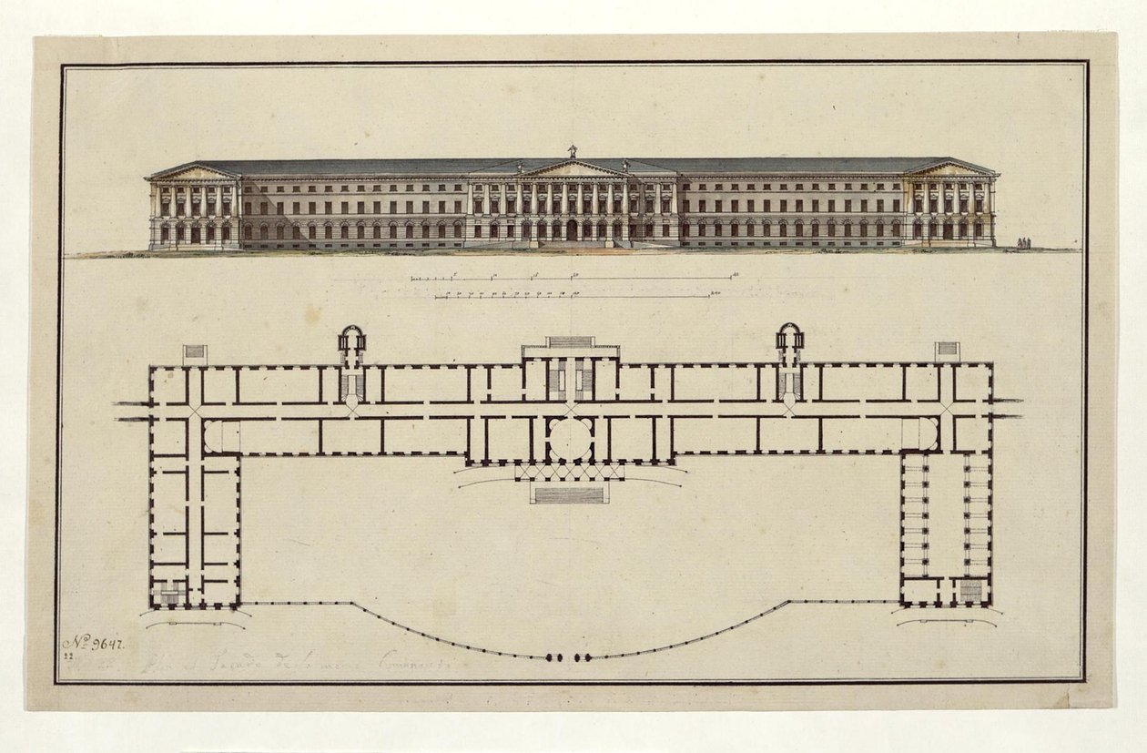 Projekt af Smolny Institute. Hovedfacaden og stueplan, 1806-1808 af Giacomo Antonio Domenico Quarenghi