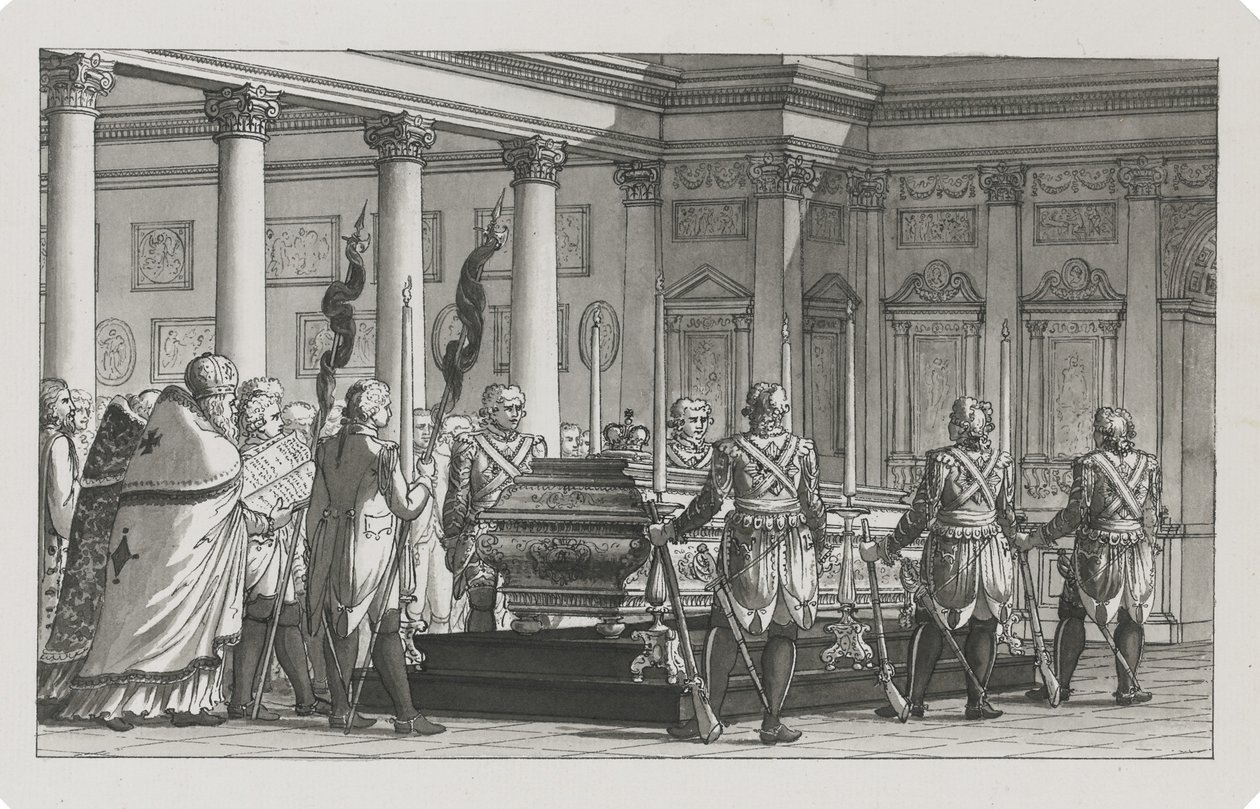 Kejser Paul I ligger i staten med en æresvagt af Giacomo Antonio Domenico Quarenghi