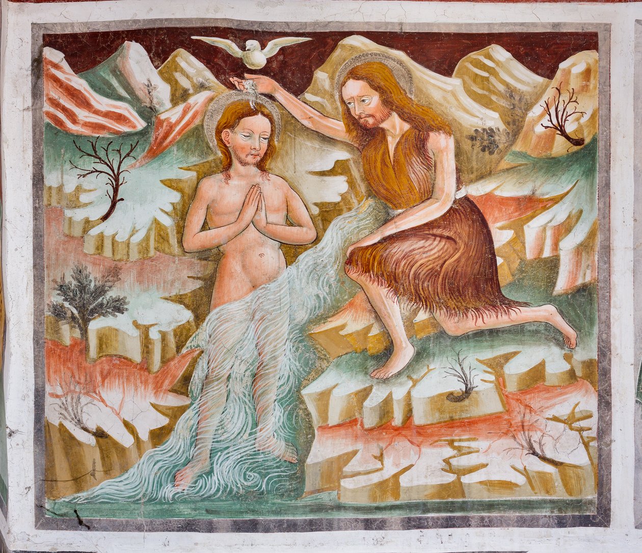 Johannes Døberen døber Jesus i Jordanfloden, detalje fra Jesu liv af Giacomo Borlone de Buschis
