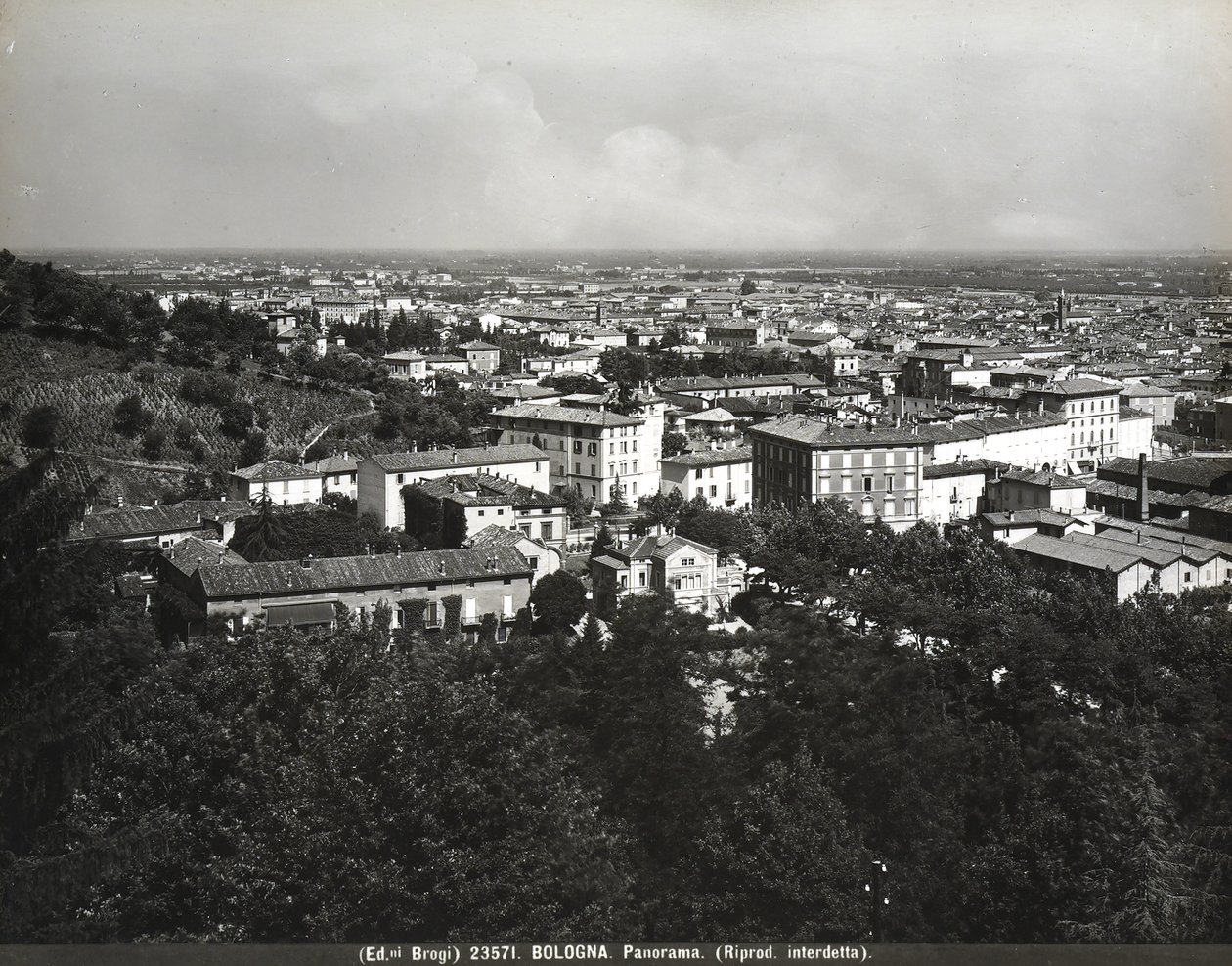 Panorama over Bologna med nogle fabrikker og en bakke. af Giacomo Brogi