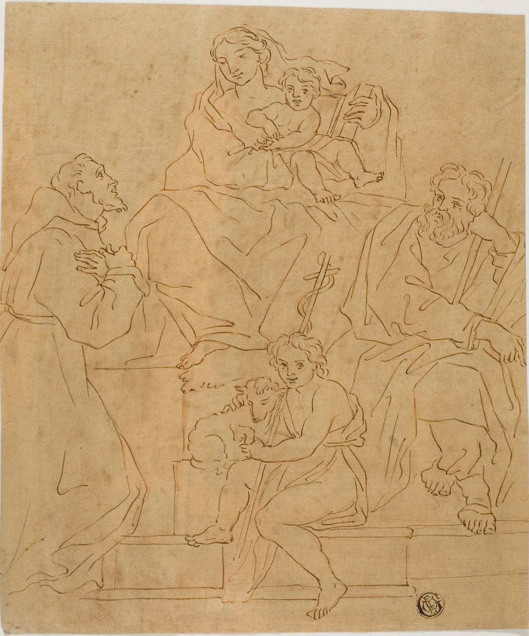 Den hellige familie med Frans af Assisi og Johannes Døberen af Giacomo Cavedone