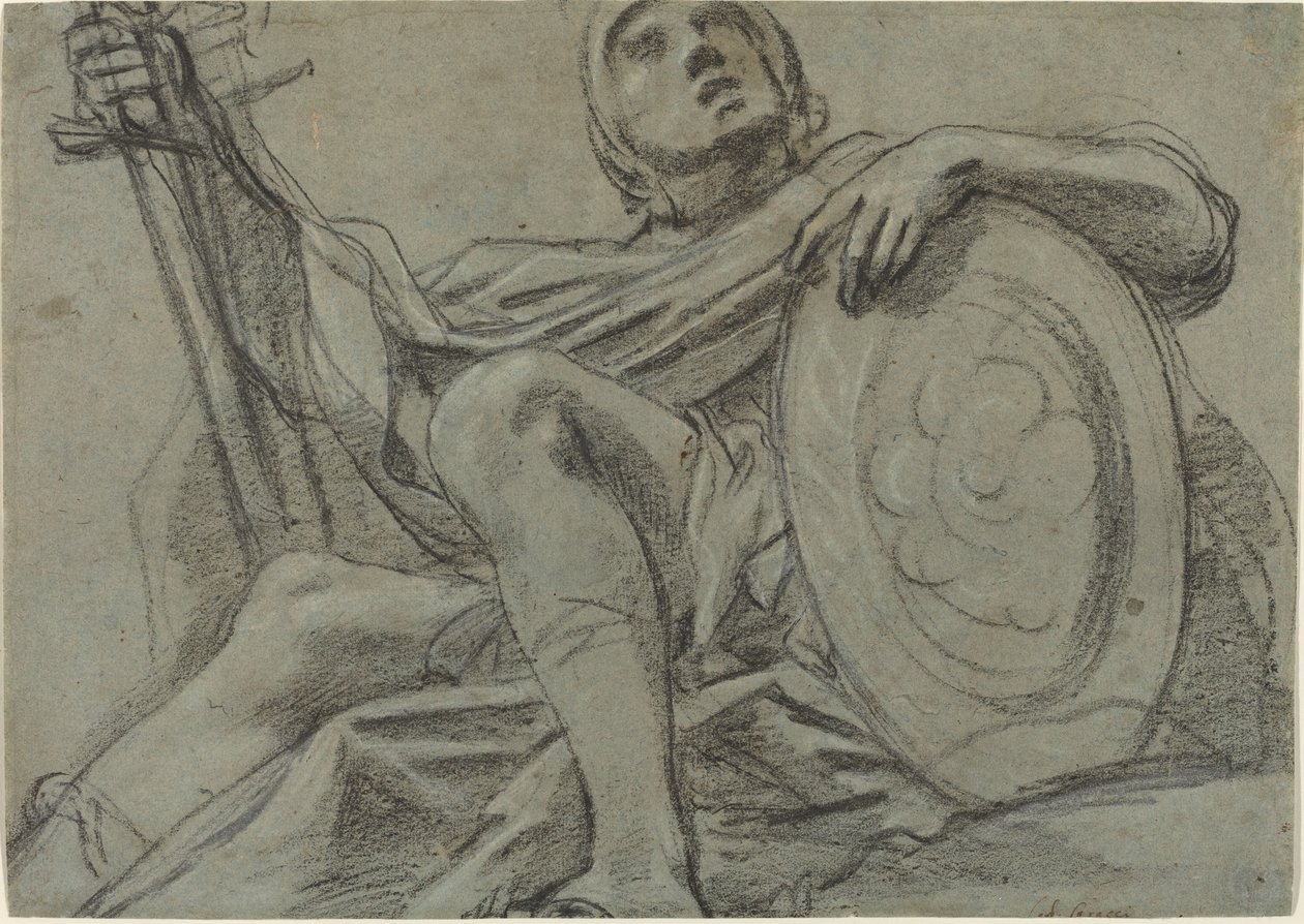 Siddende kriger holder et sværd og skjold [recto] af Giacomo Cavedone