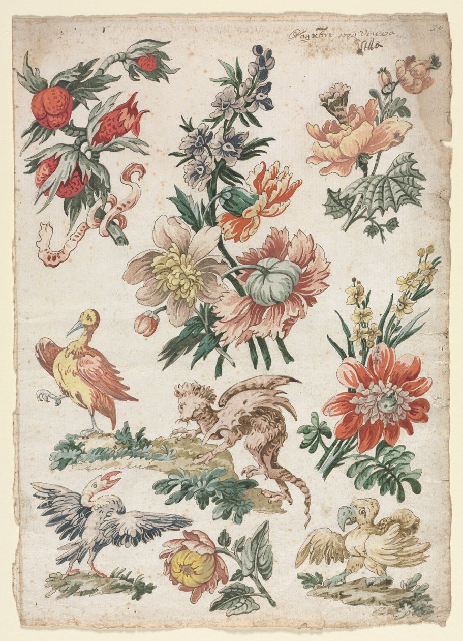 Blomsterdesign med fugle og Griffon af Giacomo Cavenezia