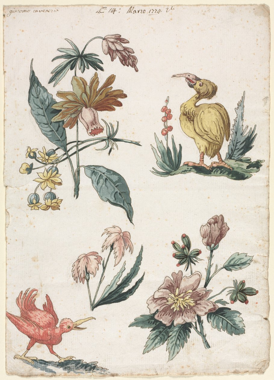 Blomstermotiver med to fugle af Giacomo Cavenezia