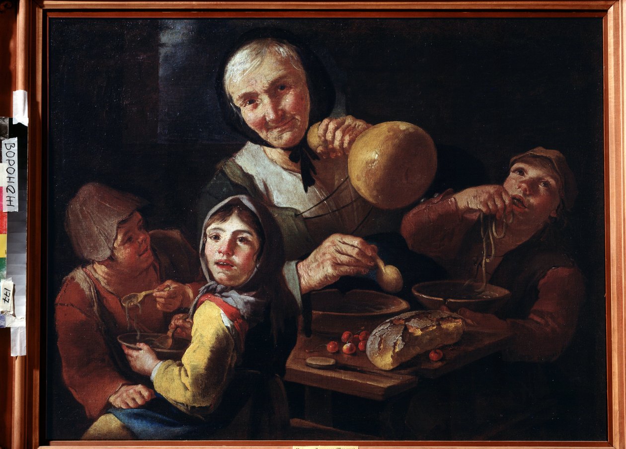 ""Bondens måltid"" (Bondens måltid) En gammel bondekone og tre børn, der spiser morgenmad med suppe, kirsebær og brød. Maleri af Giacomo Francesco Cipper (1664-1736) Museum of Fine Arts fra det 18. århundrede Ivan Kramskoy (eller Kramskoi) i Voronezh (Voro af Giacomo Francesco Cipper