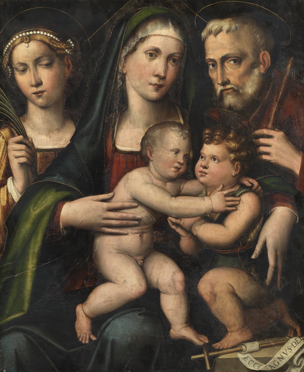 Hellig familie med spædbarnet Saint John og Saint Catherine, ca. 1530 af Giacomo Francia