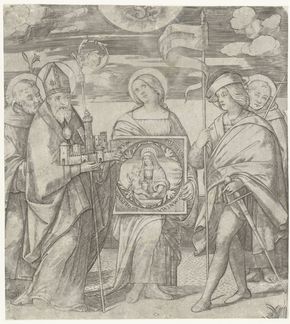 Fem skytshelgener for Bologna, der forestiller Maria af Giacomo Francia