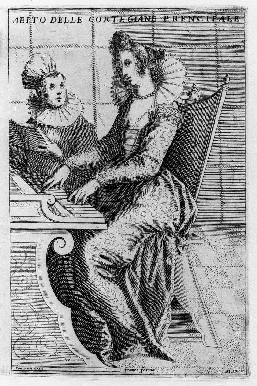 En kurtisane i elegant kjole, der spiller klaver. Gravering af Giacomo Franco (1550-1620) fra "Venedig, brug og skikke"", omkring 1597. af Giacomo Franco