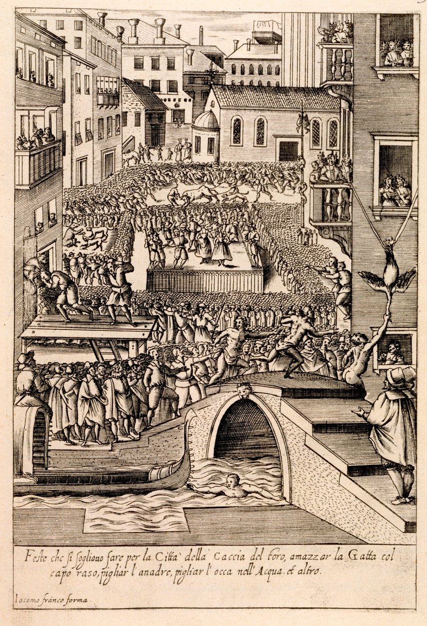 Dyr, der lokker ved den venetianske "jagtfest", illustration fra serien "Habiti d