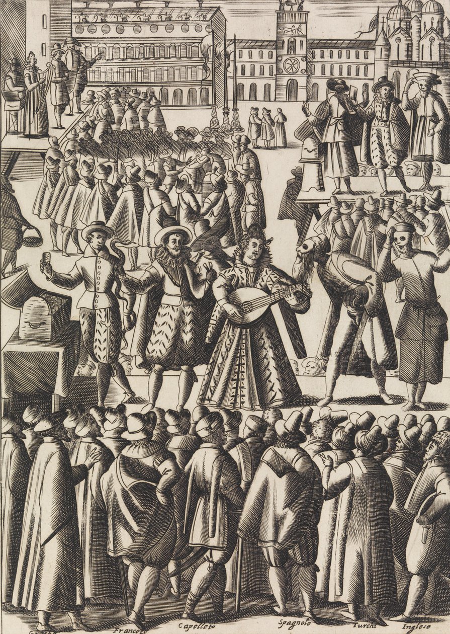 Underholdning, som charlataner giver hver dag på Piazza di S. Marco al Populo ..., ca. 1610. af Giacomo Franco