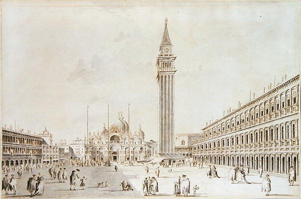 Udsigt over Piazza San Marco ser mod basilikaen og Campanile (pen og blæk med vask på papir) af Giacomo Guardi