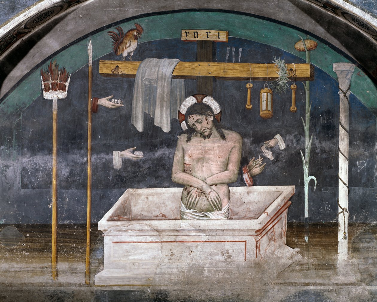 Kristus omgivet af lidelsessymboler, fresko af Giacomo Jaquerio (1375-1453), Sankt Antonius af Ranverso-klosteret, Buttigliera Alta, Piemonte, Italien af Giacomo Jaquerio