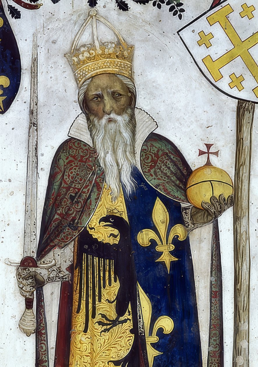 Skildring af markisen af ​​Saluzzo og deres hustruer som historiske og mytologiske helte og heltinder. Detalje: Manfredo III. som Karl den Store. 1418-30 af Giacomo Jaquerio