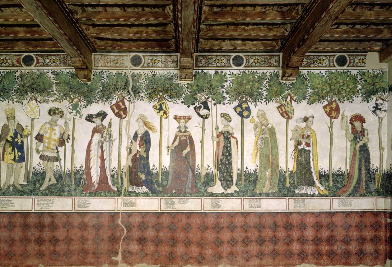 De ni værdige og de ni værdige kvinder, detalje af Charlemagne, Godfrey de Bouillon, Delphine, Iynoppe, Hippolyte, Menalyppe, Semiramis, Lampeto og Tamyris, 1418-30 af Giacomo Jaquerio