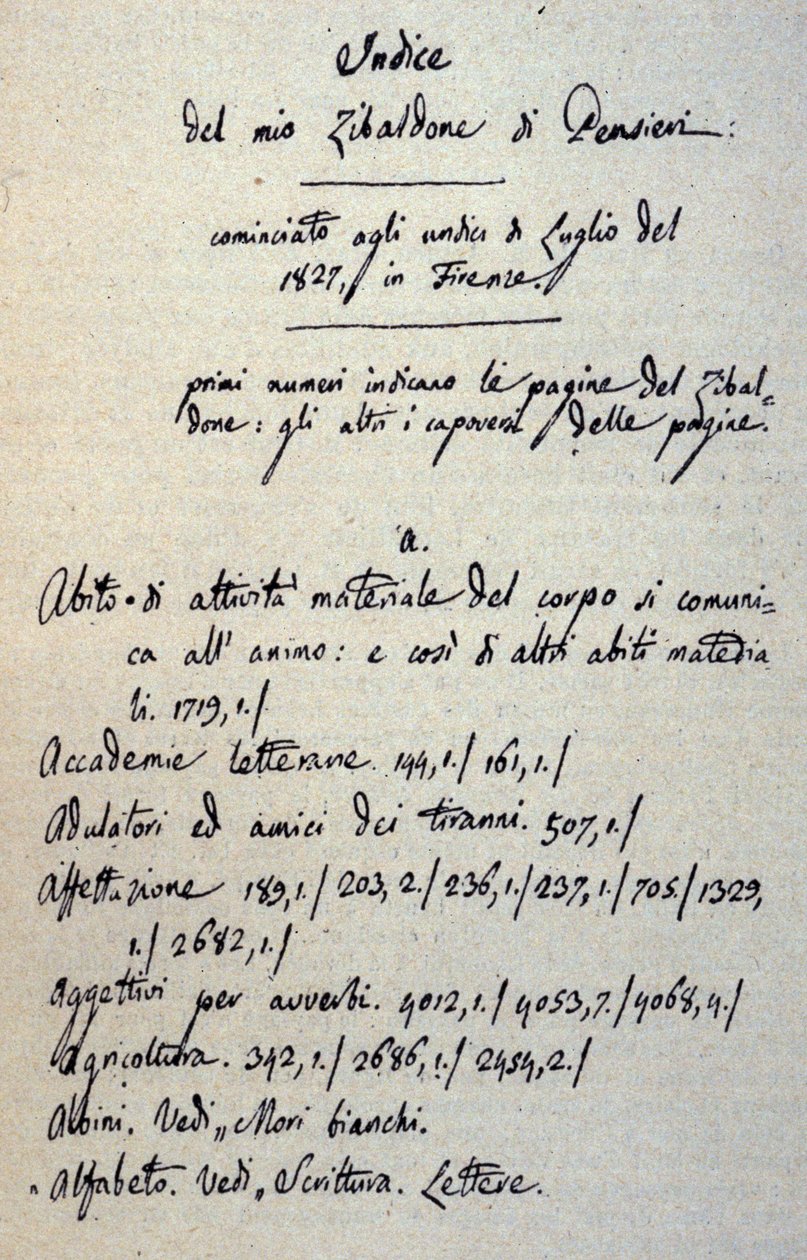 Indledning af manuskriptet til Zibaldone (eller "Pensieri") af Giacomo Leopardi (1798 - 1837). 1817-1832 af Giacomo Leopardi