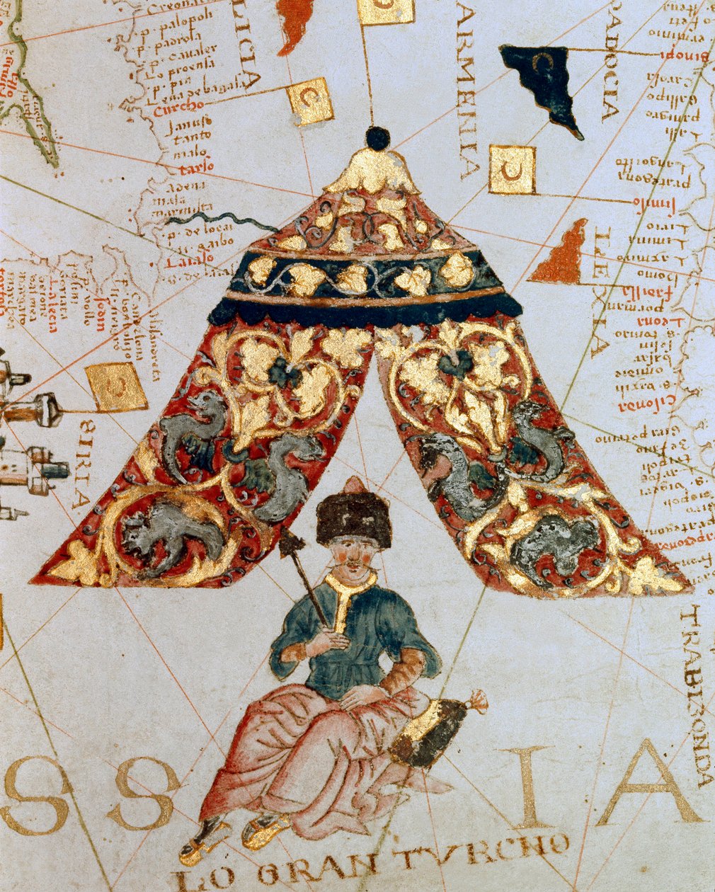 Detalje af et kort af kartografen Giacomo de Maggiolo, der viser Sultan Soliman (Suleyman) I sagde den storslåede (1520-1566) kaldet "Den store tyrker"". Miniature. Søfartsmuseet, Genes af Giacomo Maggiolo