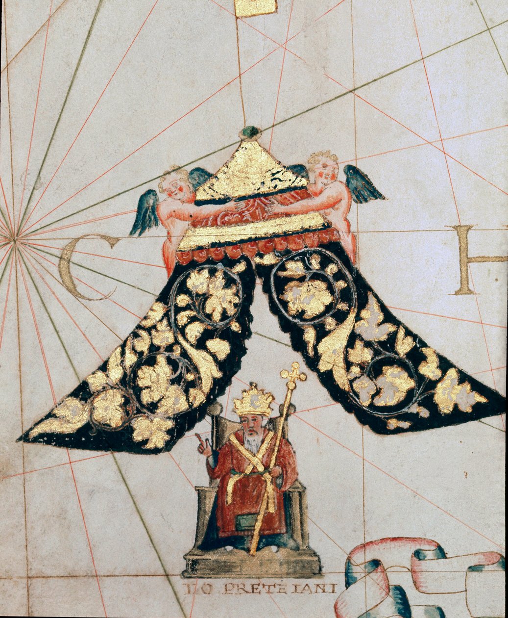 Repræsentation af præst John, hersker over et kristent rige beliggende mod Etiopien (Detalje af et kort fra det 16. århundrede) af Giacomo Maggiolo