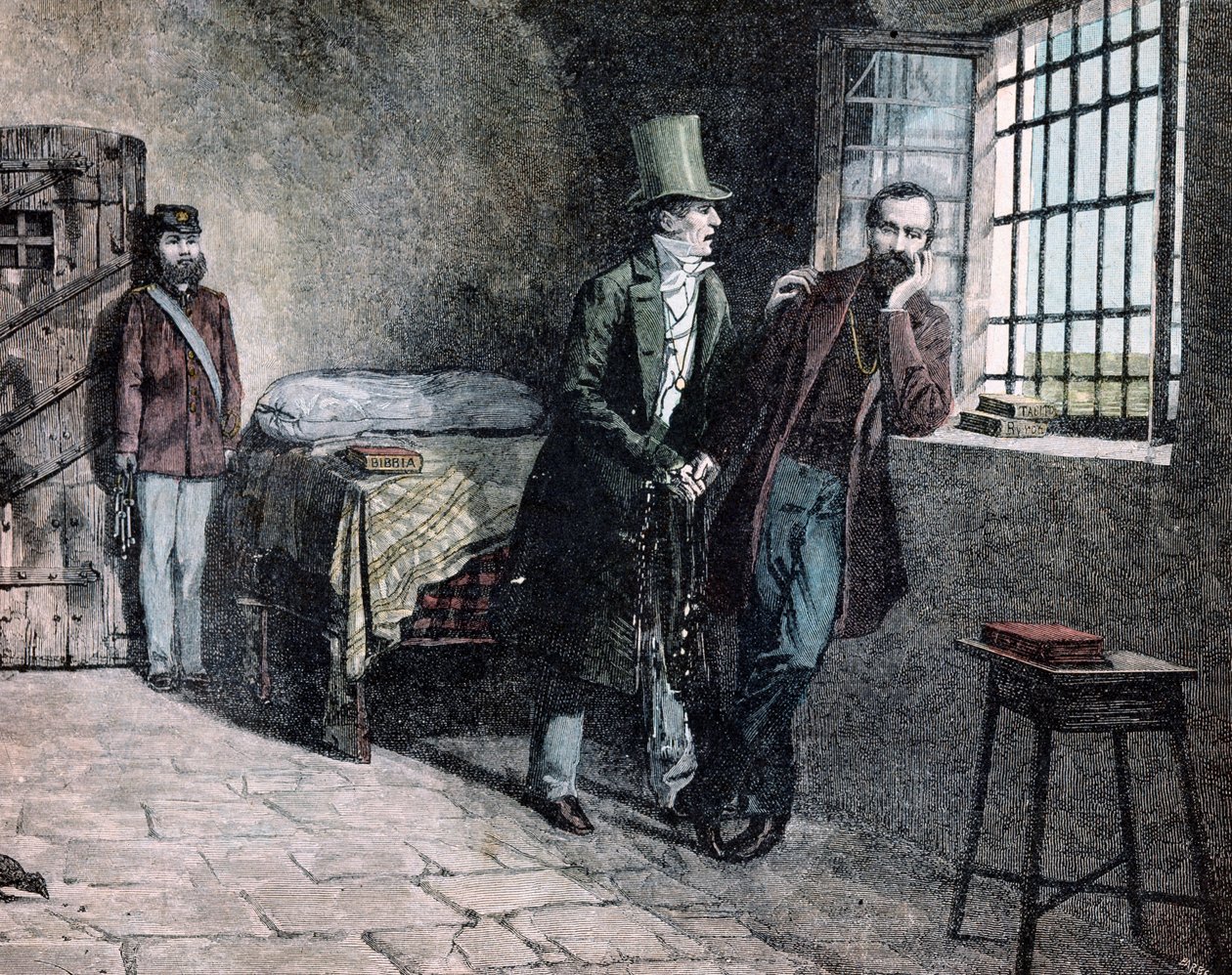 Risorgimento: "" den italienske patriot Giuseppe Mazzini (1805-1872) fængslet i Savona i 1830 møder sin far, der presser ham til at forlade de sardiske stater"" Gravering af Giacomo Mantegazza (1853-1920) 1884 Privat samling af Giacomo Mantegazza