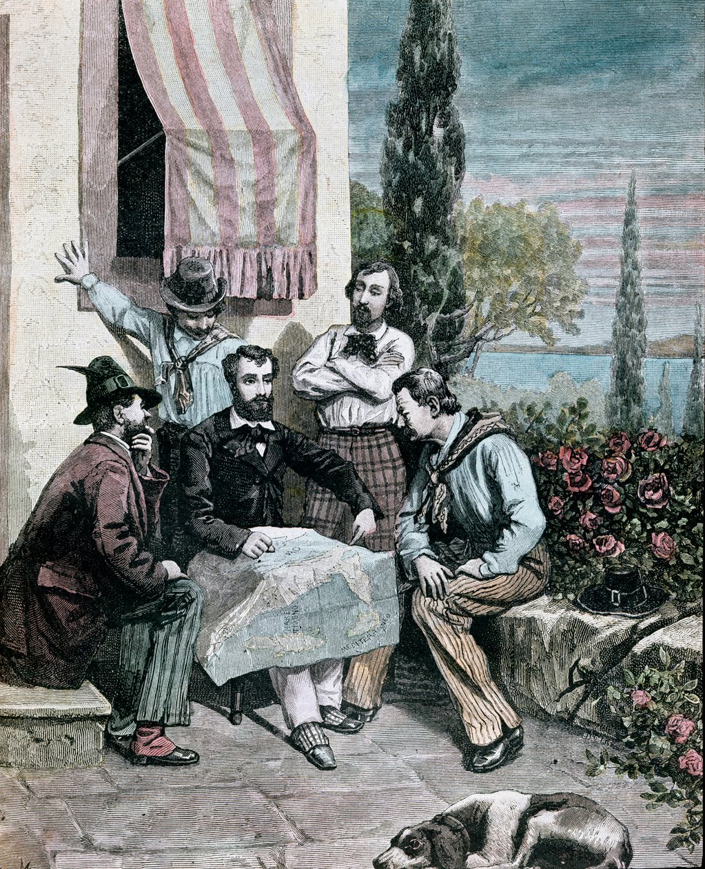 Risorgimento: eksilerne på Korfu (Korfu), hvis brødre Attilio Bandiera (1810-1844) og Emilio Bandiera (1819-1844) studerer et italiensk kort for at lave en ekspedition. 1884 Indgravering af Mantegazza Private Collection af Giacomo Mantegazza