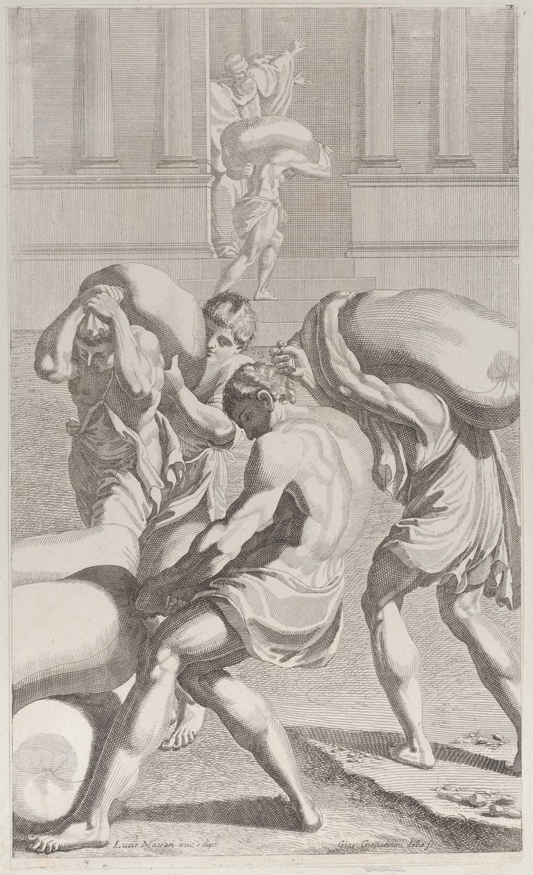 Mænd, der bringer poser med bly ind i Sankt Benedikts kloster, 1687-1717. af Giacomo Maria Giovannini