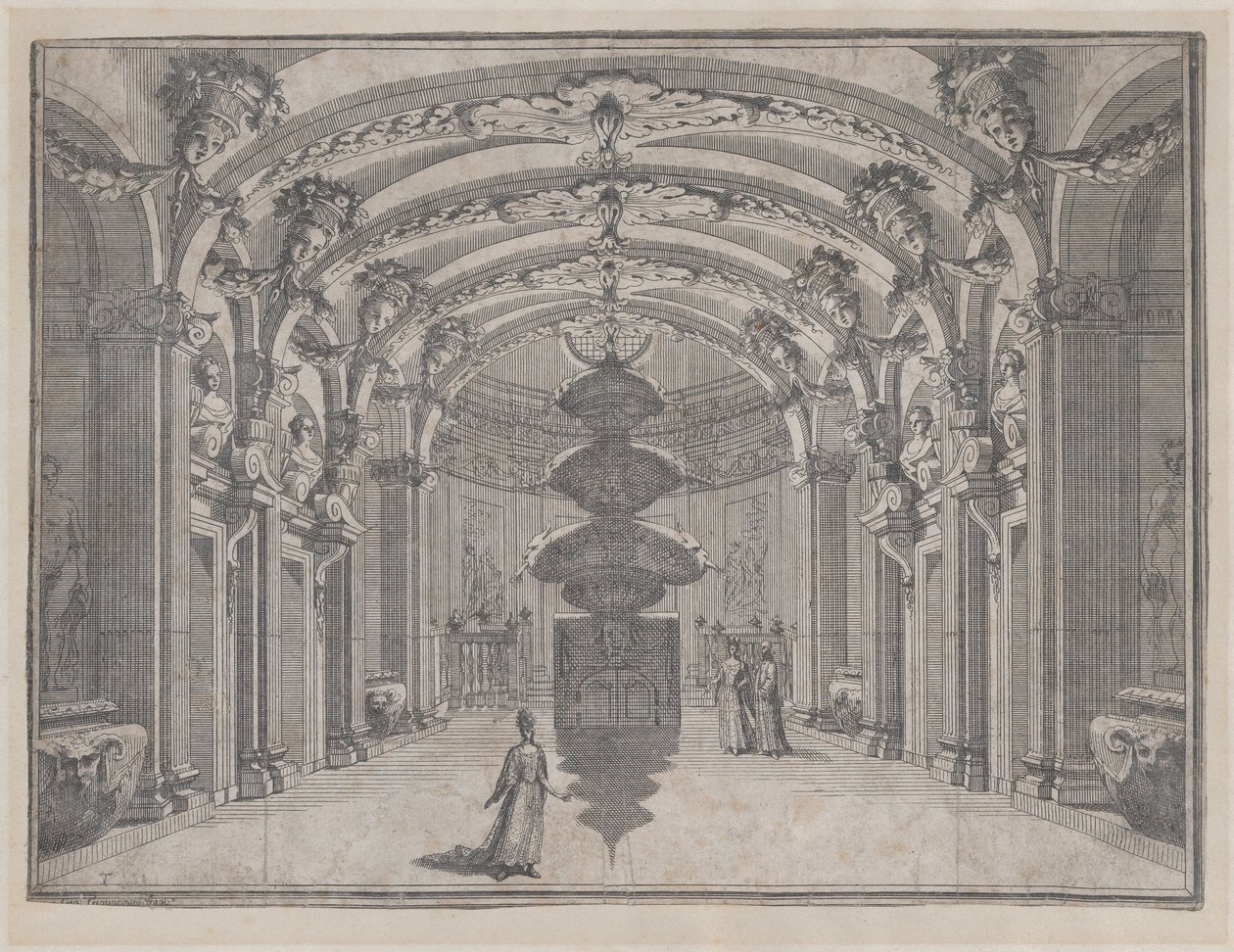 Teaterscene i en stor sal med hvælvet loft og en central skulptur, ..., ca. 1687-1717. af Giacomo Maria Giovannini