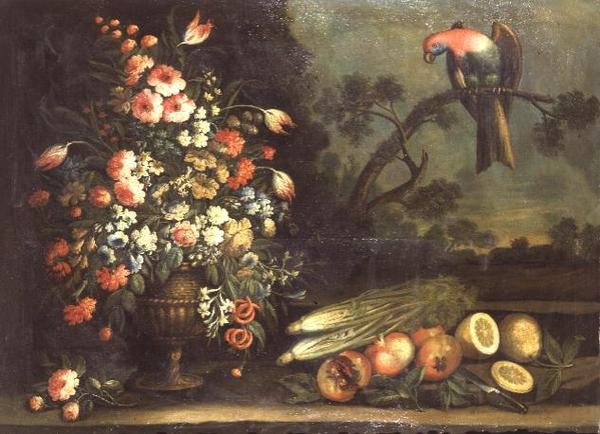 Stilleben, blandede blomster, grøntsager og papegøje af Giacomo Nani