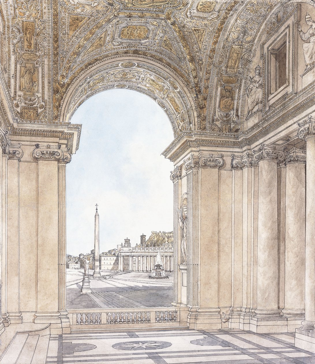 En udsigt over Piazza San Pietro, Rom, der ser sydpå fra Basilikaens portik, før 1779 af Giacomo Quarenghi