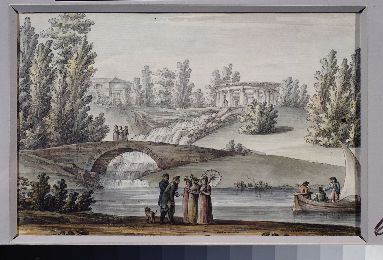 Apollontemplet og vandfaldet i Pavlovsk Park (Sankt Petersborg). Værk af Giacomo Antonio Domenico Quarenghi (1744-1817), blæk og akvarel på papir, omkring 1800. Italiensk kunst af Giacomo Quarenghi