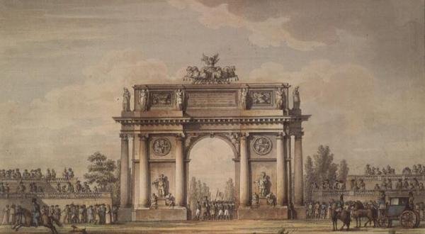 Udsigt over Narva-portene i St. Petersborg med stande til tilskuere af Giacomo Quarenghi