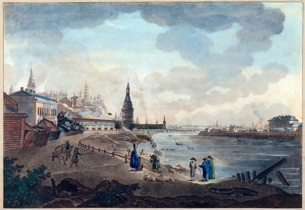 Udsigt over Moskvas Kreml taget fra Stenbroen over Moscova (Moskva eller Moskwa). Værk af Giacomo Antonio Domenico Quarenghi (1744-1817), akvarel og blæk på papir, ca. 1790. Italiensk kunst af Giacomo Quarenghi