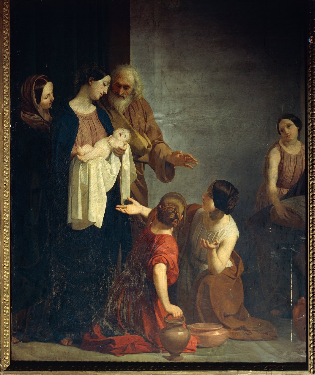 Maleri af Giacomo Trecourt (1812-1882), der skildrer Jomfru Marias fødsel, olie på lærred af Giacomo Trecourt