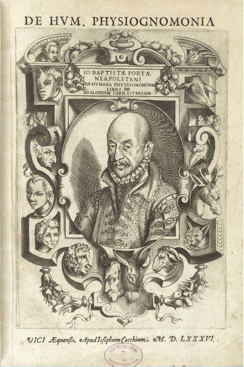 Forside af "De humana physiognomica" ("Om menneskelig fysiognomi") af baptistport af Giambattista della Porta