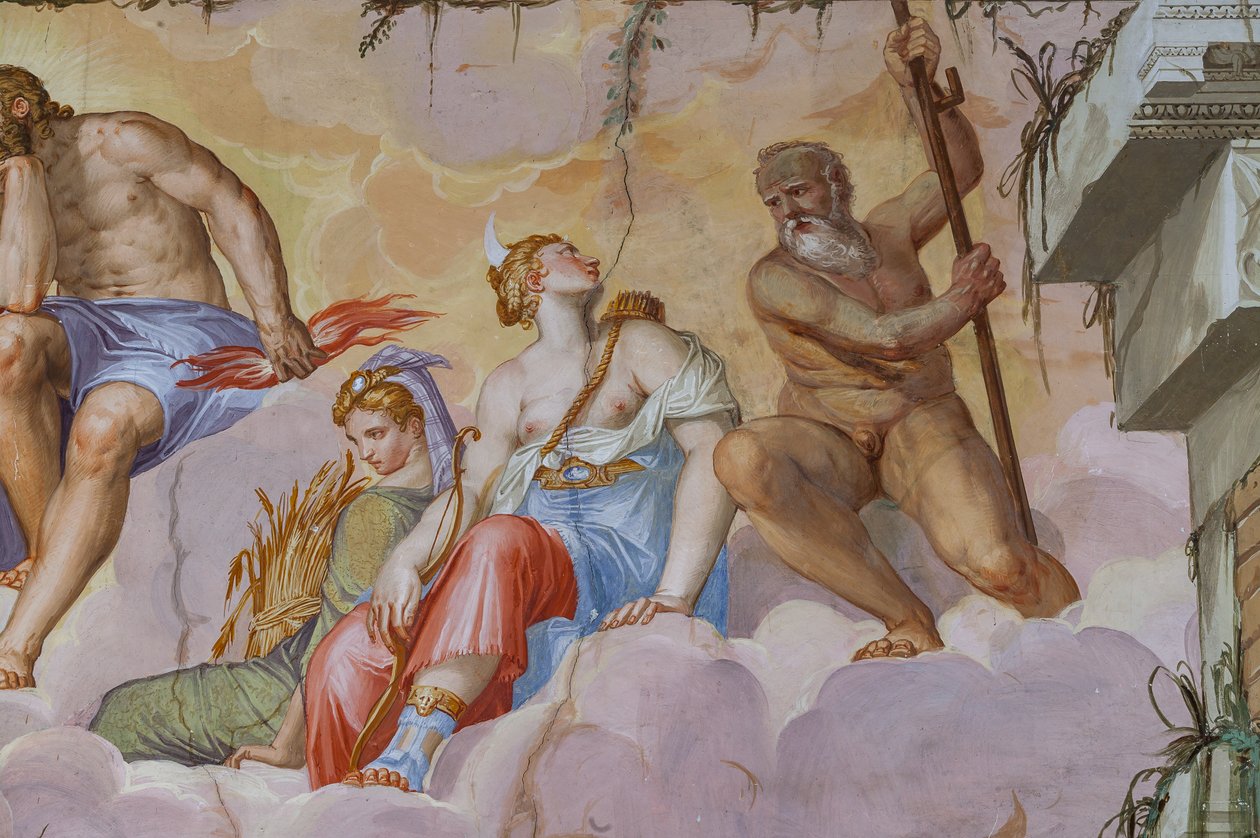 Ceres (høstens gudinde med et bundt ører) og Diana (jagtens gudinde med buen), detalje i Olympens værelse, ca. 1557 (fresko) af Giambattista Zelotti