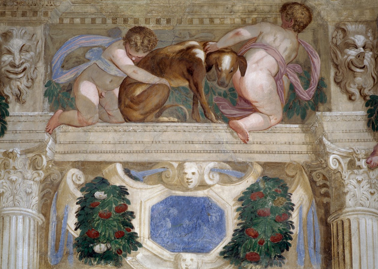 Putti med en greyhound, frugtfestoner og mascarons af Giambattista Zelotti