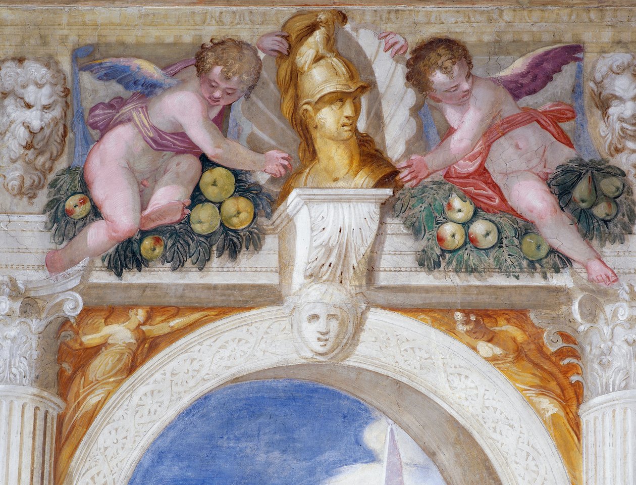 Putti med buste af en helt blandt mascarons og frugtfestoner af Giambattista Zelotti