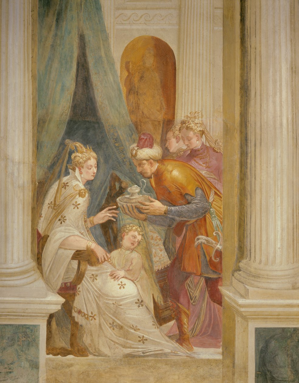 Højre væg, der forestiller Sophonisba med sit barn, der modtager den næste pot gift (fresko) af Giambattista (1526 78) Zelotti