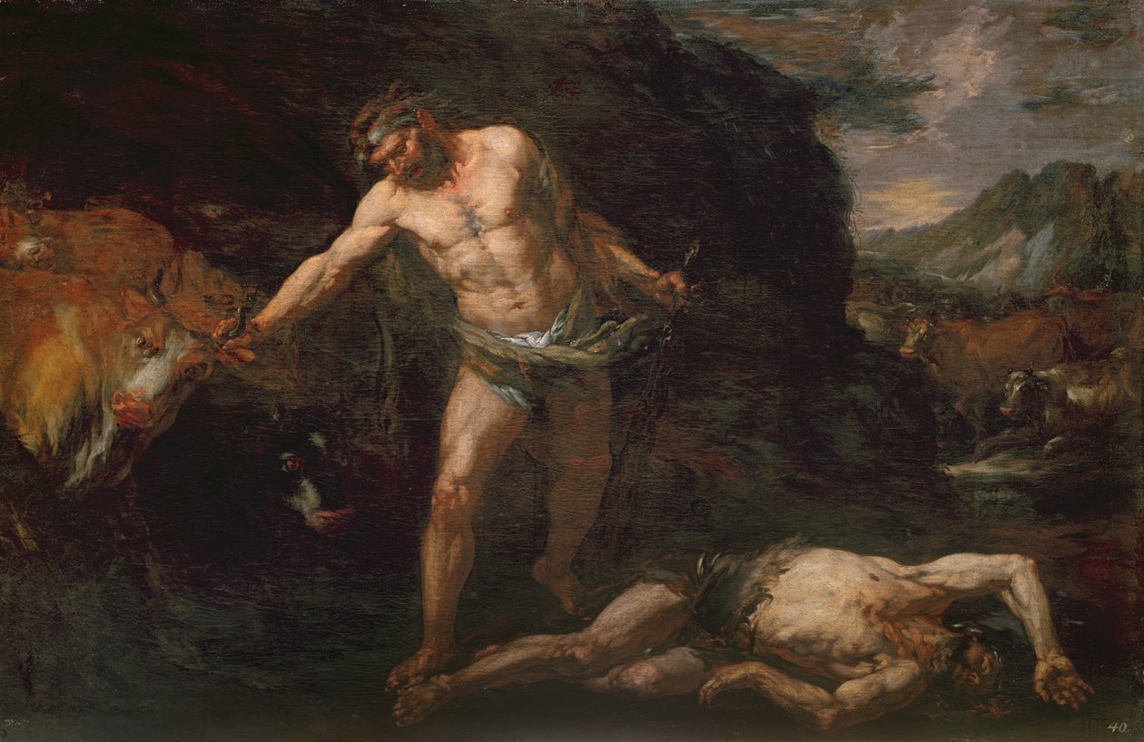 Hercules dræber den gigantiske Cacus og stjæler Geryons kvæg tilbage af Giambattista Langetti